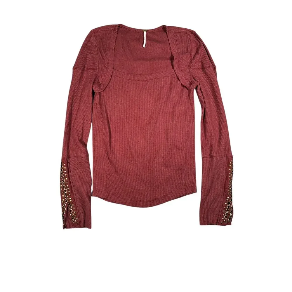 Free People A Litte Unruly Thermal Top L Studded Square Neck Red Boho Grunge